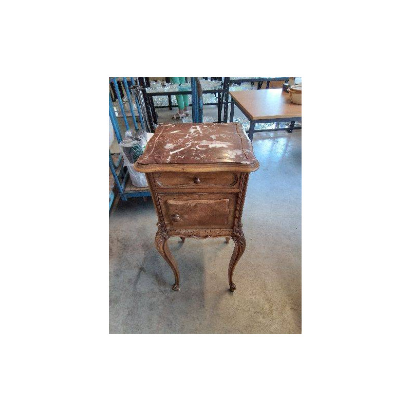 CHEVET BOIS CLAIR PIEDS ESCARGOT 1 PORTE 1 TIROIR DESSUS MARBRE ROUGE