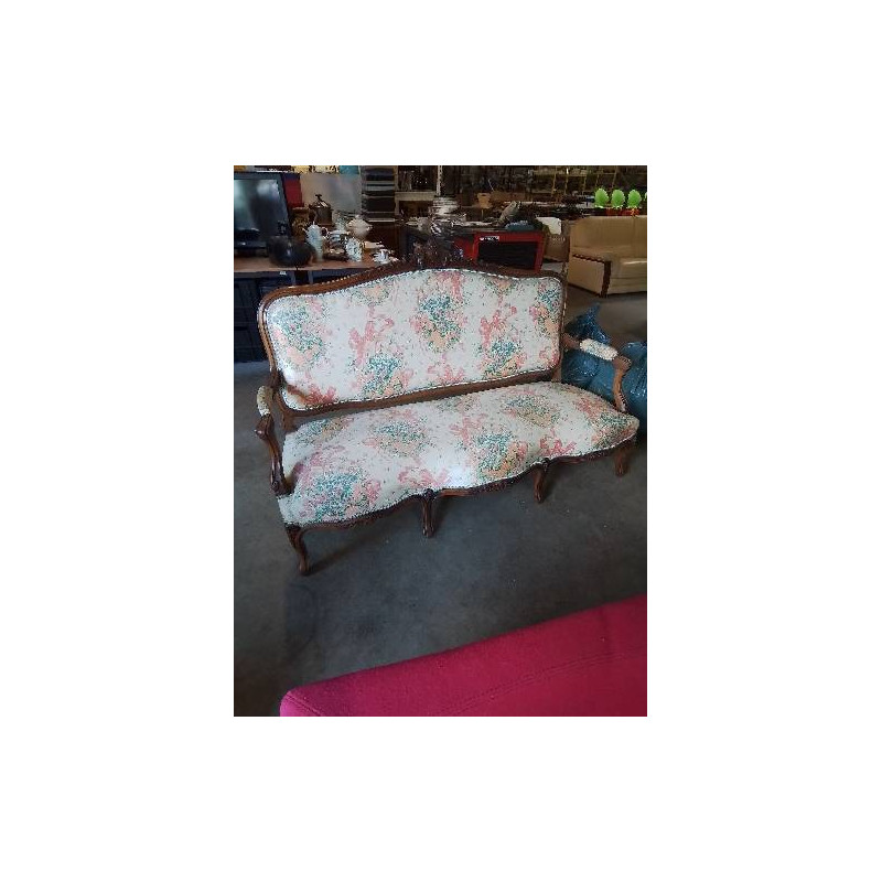 BANQUETTE 3 PLACES BOIS ASSISE ET DOSSIER CAPITONNÉ TISSU ECRU AUX FLEURS 