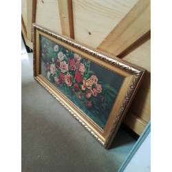 GRAVURE BOUQUET DE ROSE CADRE MOULURÉ DORÉ 