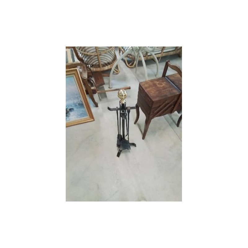NÉCESSAIRE DE CHEMINÉE FER FORGE BOULE LAITON 5 PIECES 