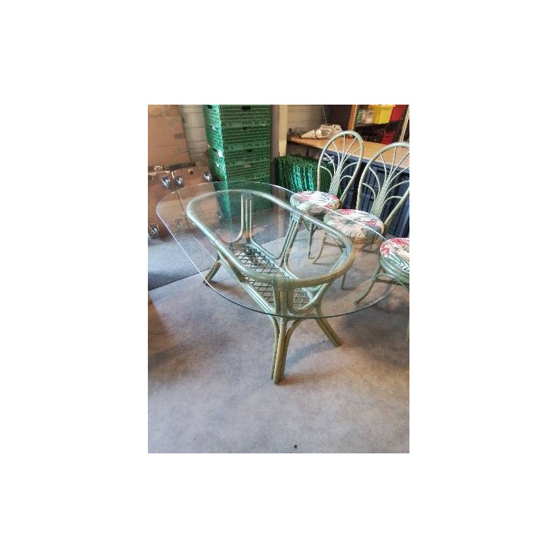 TABLE OVALE ROTIN VERT PLATEAU VERRE