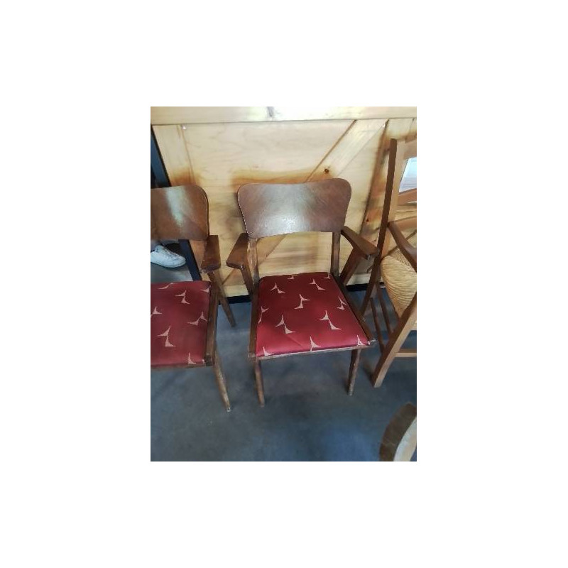 BRIDGE BOIS ASSISE CAPITONNÉ TISSU GRENAT ANNÉES 50