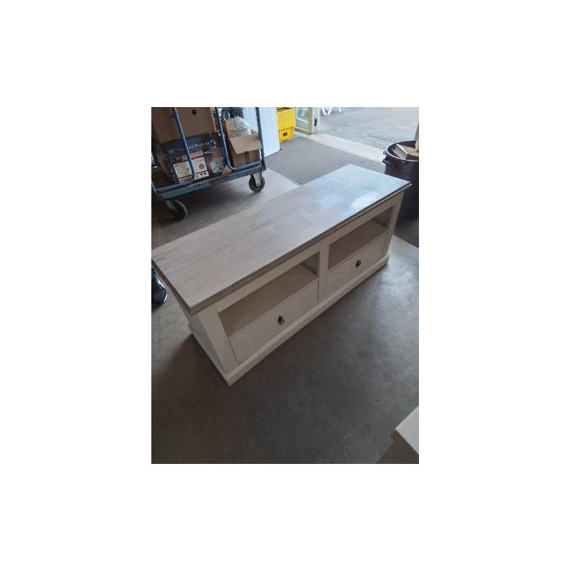MEUBLE TV BAS BOIS BLANC DESSUS TAUPE 2 NICHES 2 TIROIRS 