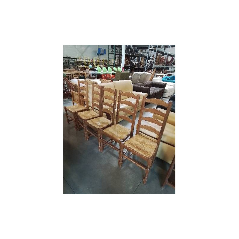 5 CHAISES BOIS CLAIR PAILLÉ A ENTRETOISE PIEDS BALUSTRE DOSSIER 4 BARREAUX CHANTOURNÉ 