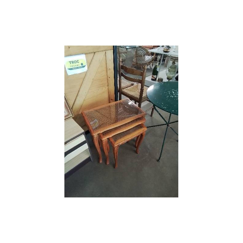 3 TABLES BASSES GIGOGNES BOIS CLAIR DESSUS CANNÉ PLATEAU VERRE STYLE RÉGENCE 