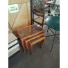 3 TABLES BASSES GIGOGNES BOIS CLAIR DESSUS CANNÉ PLATEAU VERRE STYLE RÉGENCE 