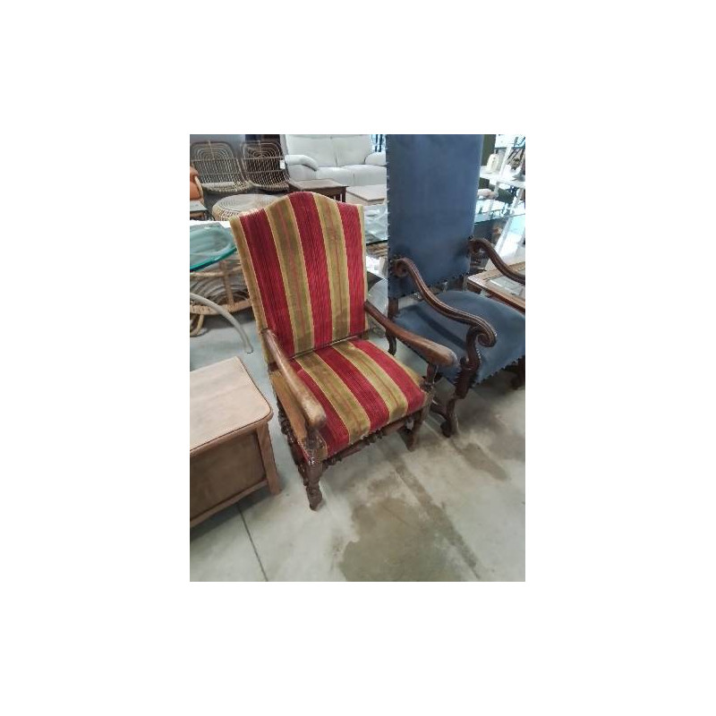 FAUTEUIL LOUIS XIII BOIS ASSISE ET DOSSIER CAPITONNÉ OCRE ET GRENAT A RAYURES 