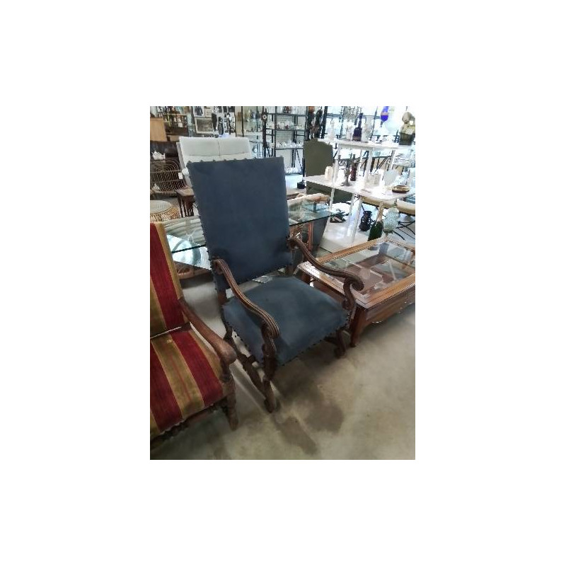 FAUTEUIL LOUIS XV BOIS ASSISE ET DOSSIER CAPITONNÉ TISSU BLEU