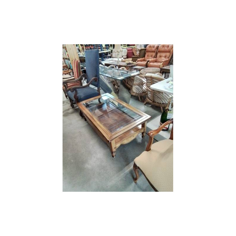 TABLE BASSE RECTANGULAIRE BOIS CLAIF 2 NIVEAUX DESSUS PLATEAU VERRE 