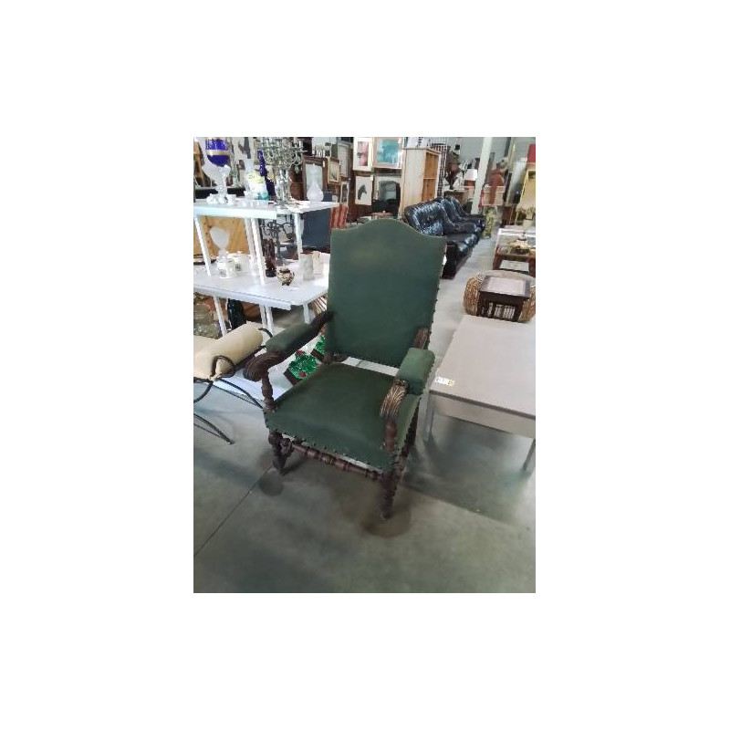 FAUTEUIL LOUIS XV BOIS ASSISE ET DOSSIER CAPITONNÉ TISSU VERT