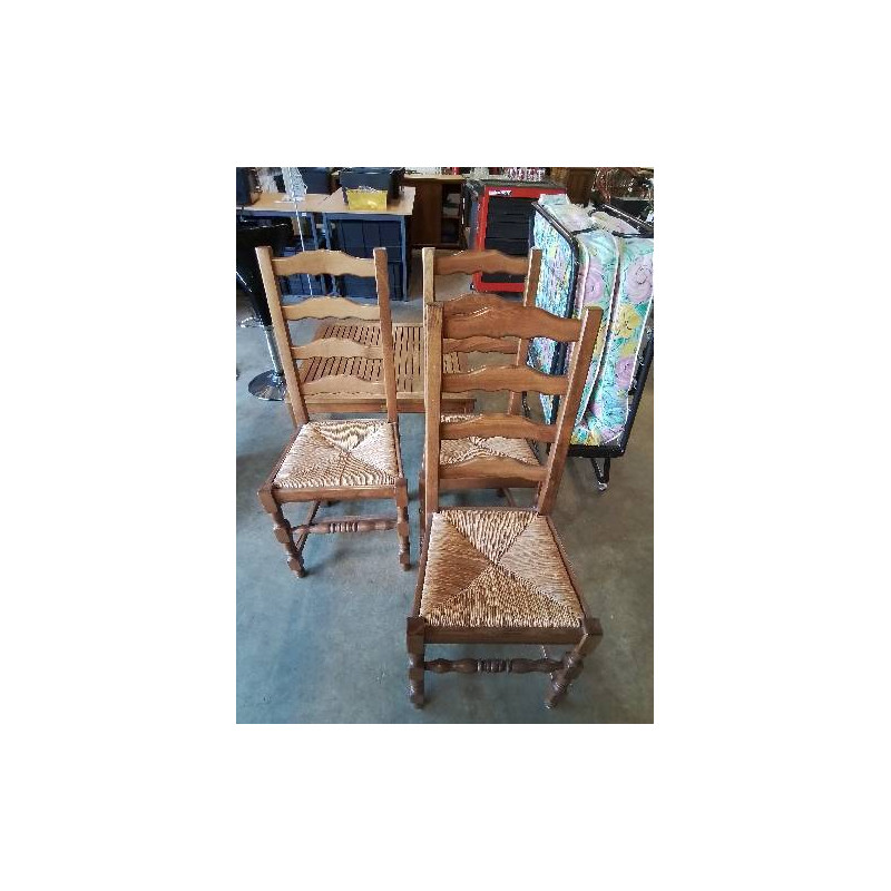 3 CHAISES BOIS PAILLÉ A ENTRETOISE PIEDS BALUSTRE DOSSIER 3 BARREAUX CHANTOURNÉ 