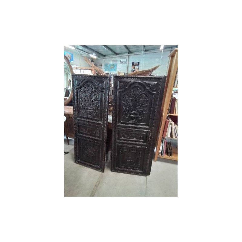 PAIRE DE PORTES D’ARMOIRE BOIS NOIRCI SCULPTÉ AUX OISEAUX XIXE 