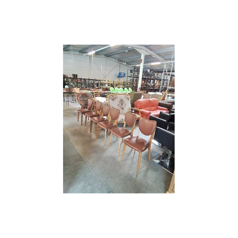 6 CHAISES BOIS CLAIR ASSISE ET DOSSIER SKAÏ MARRON ANNÉES 50