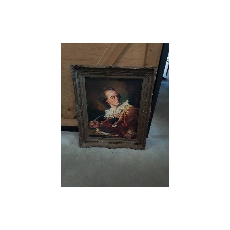 HUILE SUR PANNEAU L’HOMME A LA PLUME 55X46CM