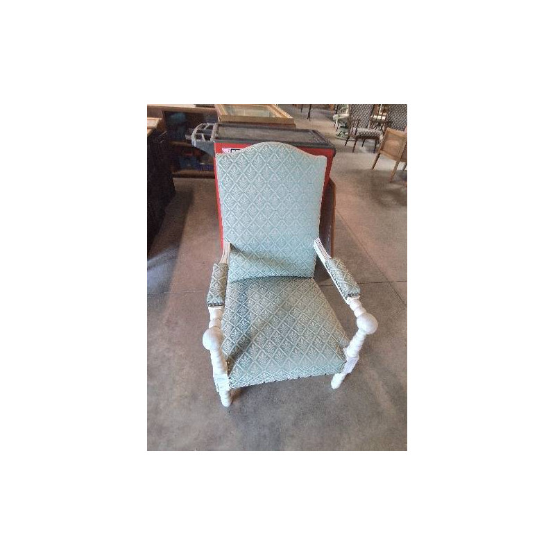 FAUTEUIL BOIS PEINT BLANC TISSU VERT A PALMETTES