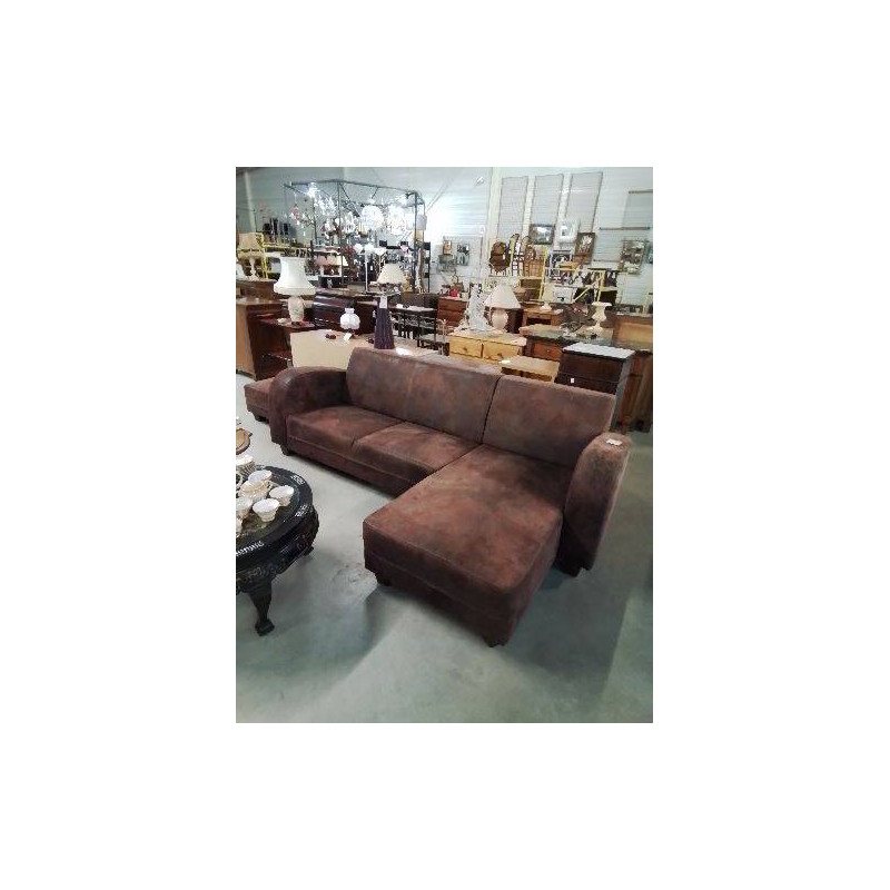 CANAPÉ D’ANGLE DROIT TISSU MARRON EFFET VIEILLI AVEC POUF 