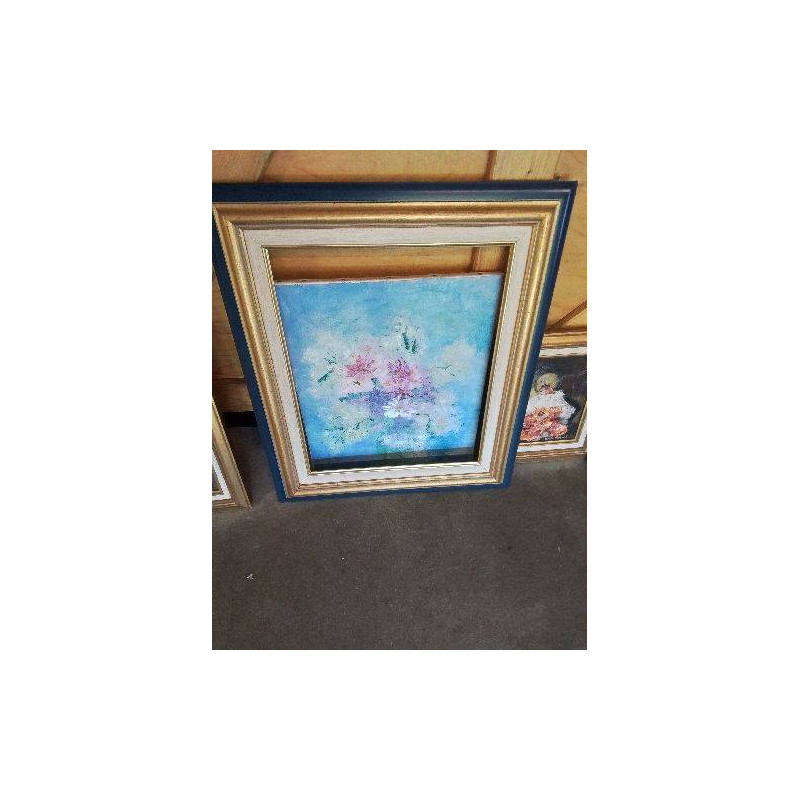 HUILE SUR TOILE BOUQUET DE FLEURS NICOLE MASSART CADRE DORÉ BLEU