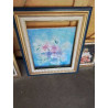 HUILE SUR TOILE BOUQUET DE FLEURS NICOLE MASSART CADRE DORÉ BLEU