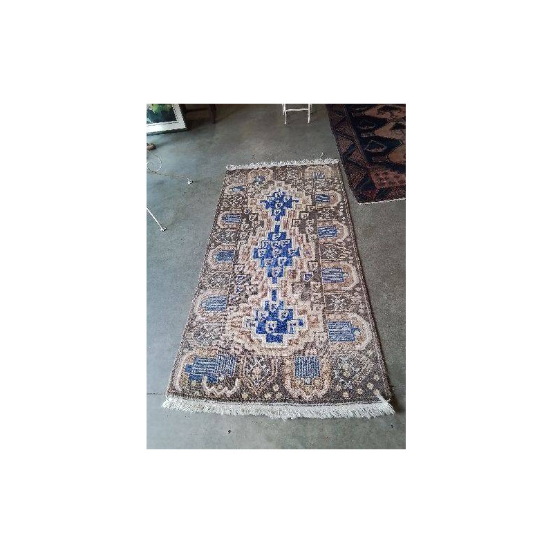 TAPIS LAINE FAIT MAIN BLEU MARRON ECRU 195X103CM