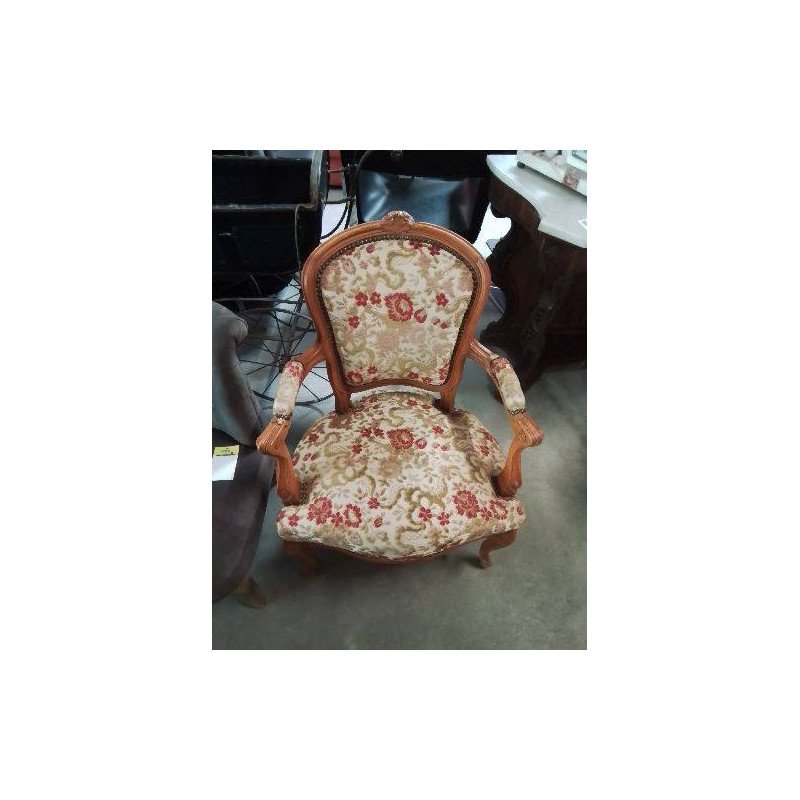 CABRIOLET STYLE RÉGENCE BOIS CLAIR TISSU DAMASE BEIGE AUX FLEURS ROUGE