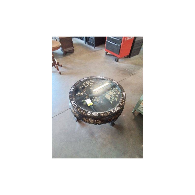 TABLE BASSE RONDE ASIATIQUE AUX FLEURS A INCRUSTATION