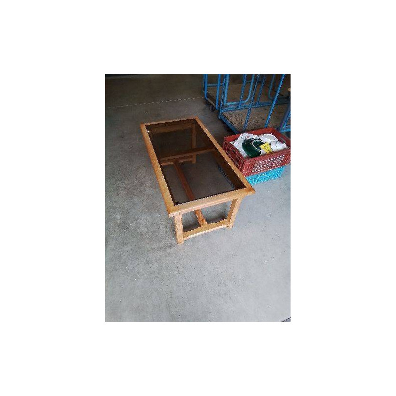 TABLE BASSE RECTANGULAIRE CHENE A ENTRETOISE PLATEAU FUMÉ 