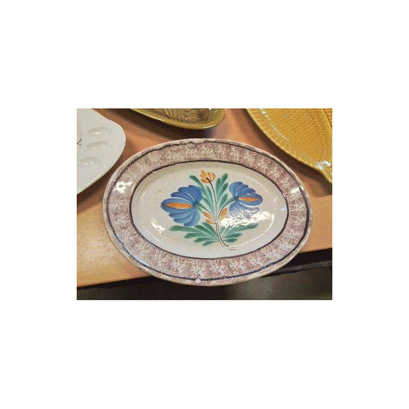 PLAT OVALE CÉRAMIQUE AUX FLEURS ROUEN EN L\'ÉTAT 