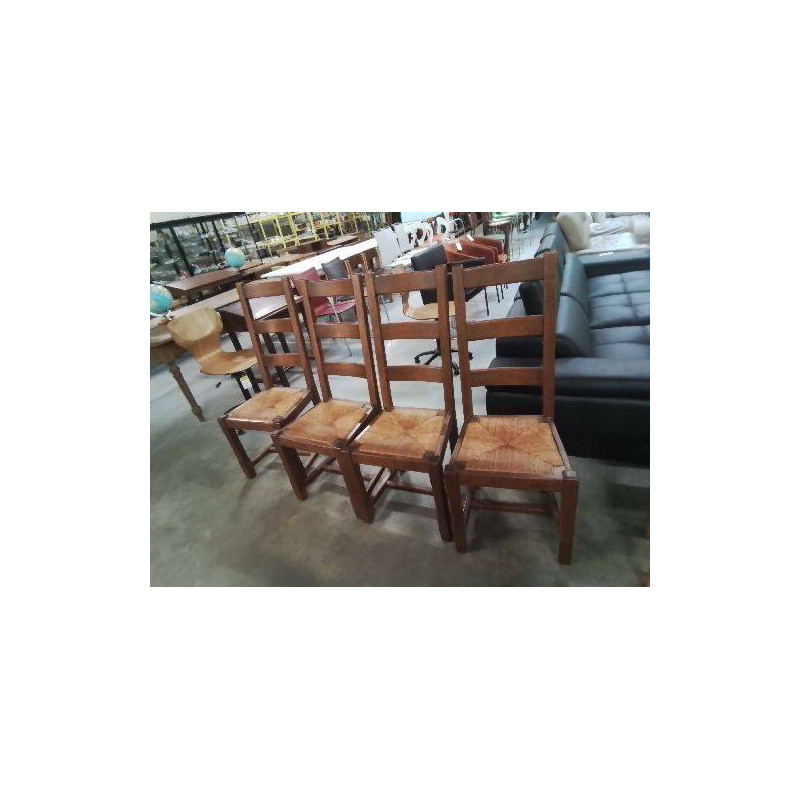 4 CHAISES BOIS PAILLÉ HAUT DOSSIER 