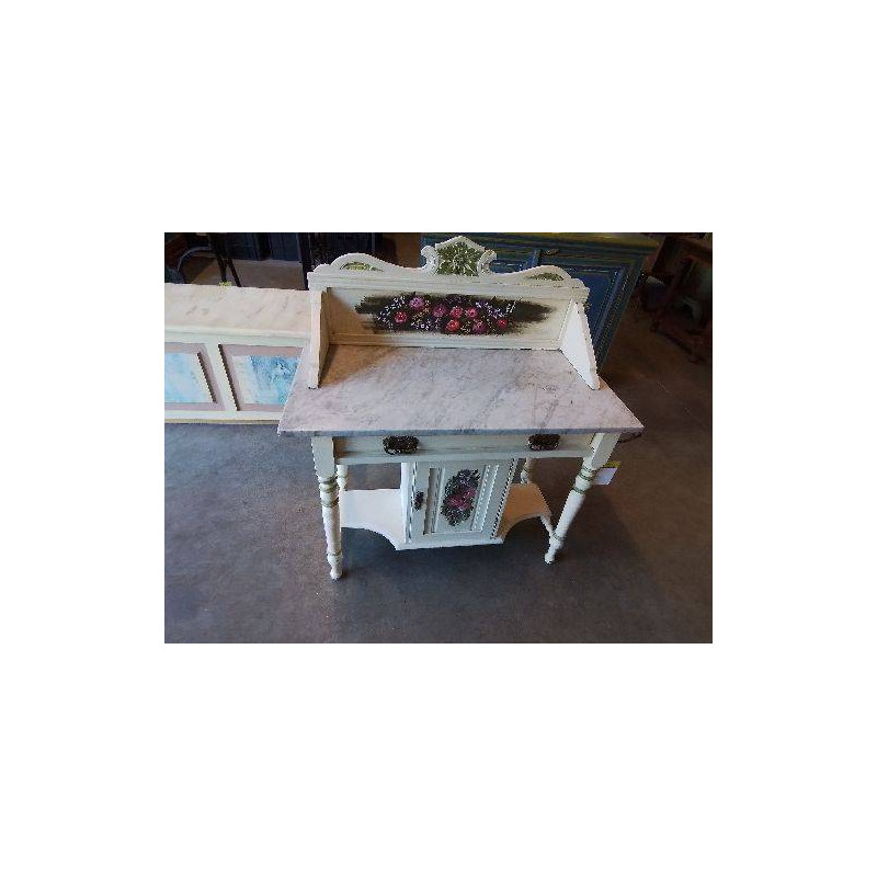 COIFFEUSE BOIS PEINT AUX FLEURS 1 PORTE PLATEAU MARBRE