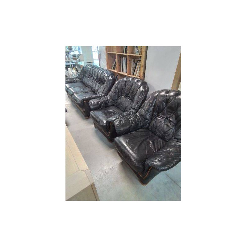 ENSEMBLE SALON 3 PIÈCES CANAPÉ + 2 FAUTEUIL BOIS CAPITONNÉ CUIR NOIR 