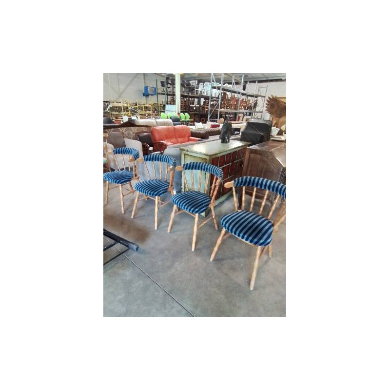 4 CHAISES SALOON BOIS CLAIR ASSISE ET DOSSIER TISSU BLEU A RAYURES 