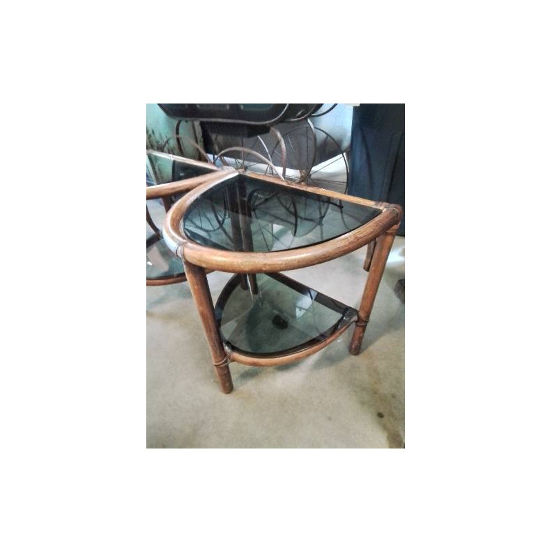 CONSOLE DEMI LUNE ROTIN 2 PLATEAUX VERRE TEINTÉ ANNÉES 60