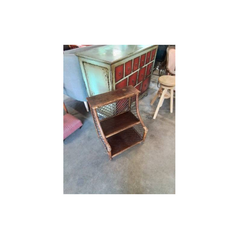 ÉTAGÈRE ROTIN BOIS ET VANNERIE 2 NICHES ANNÉES 60