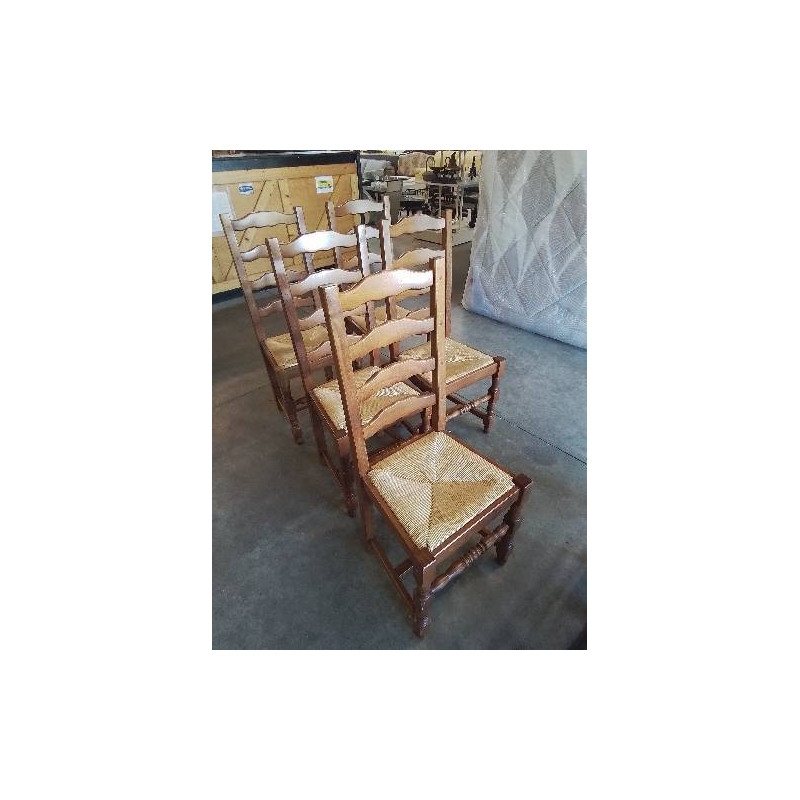 5 CHAISES BOIS CLAIR PAILLÉ A ENTRETOISE DOSSIER 4 BARREAUX 