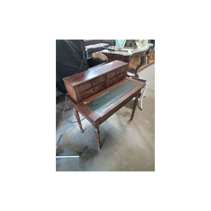 BUREAU  A GRADIN A SYSTÈME ACAJOU DESSUS CUIR VERT 5 TIROIRS LOUIS PHILIPPE EN L\'ÉTAT 