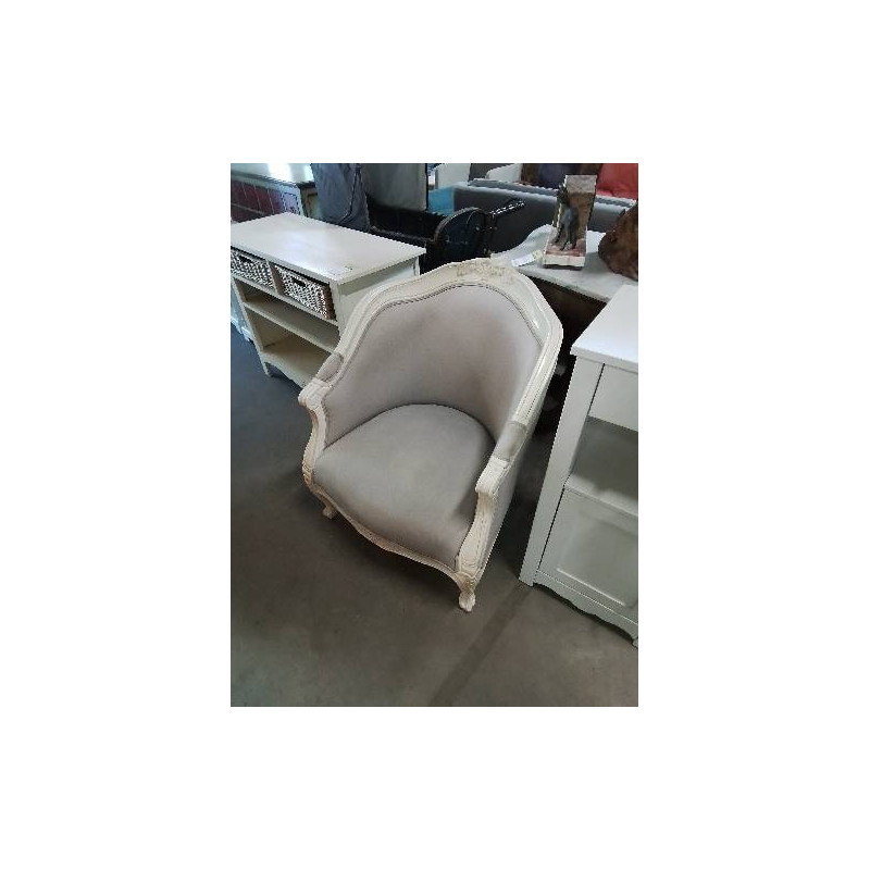 FAUTEUIL GONDOLE BOIS ECRU CAPITONNÉ TISSU TAUPE STYLE RÉGENCE 