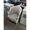 FAUTEUIL GONDOLE BOIS ECRU CAPITONNÉ TISSU TAUPE STYLE RÉGENCE 