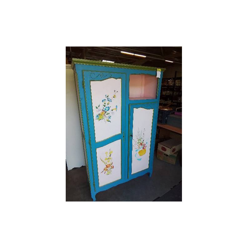 ARMOIRE LINGERE BOIS PEINT BLEU ECRU VERT A FLEURS 1 NICHE 2 PORTES STYLE RÉGENCE 