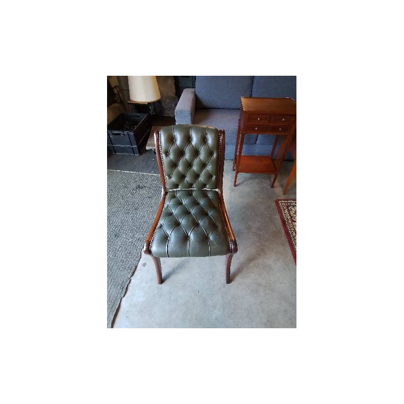 CHAISE ANGLAISE BOIS CAPITONNÉ CUIR VERT