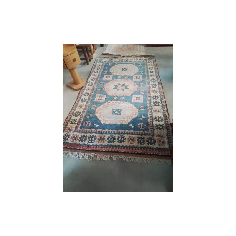 TAPIS LAINE FAIT MAIN BLEU ECRU ROSE 270X160CM