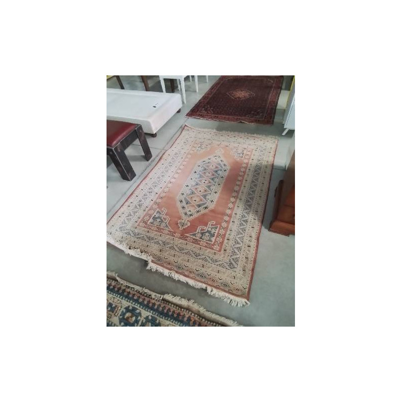 TAPIS LAINE FAIT MAIN ROSE ECRU BLEU 190X125CM