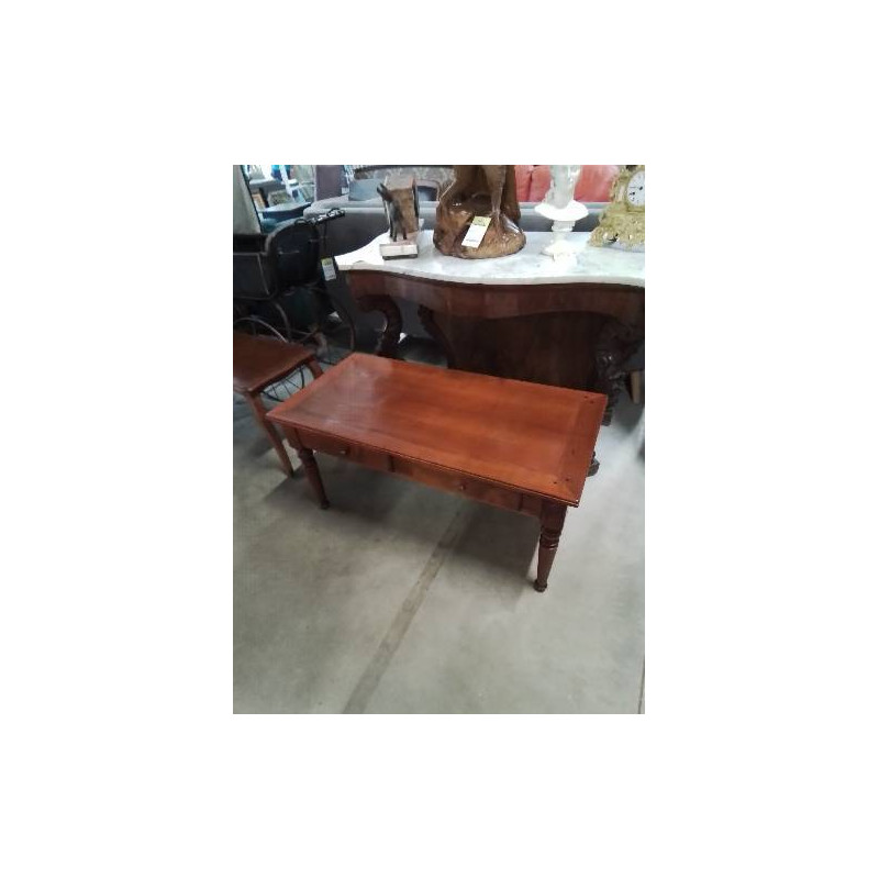 TABLE BASSE RECTANGULAIRE BOIS CLAIR PIEDS TOURNÉS 2 TIROIRS 1 TABLETTE STYLE LOUIS PHILIPPE 