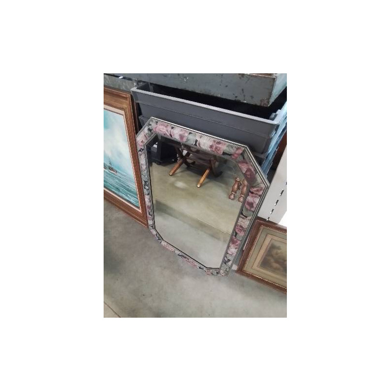 MIROIR OCTOGONAL BOIS PEINT AUX FLEURS 