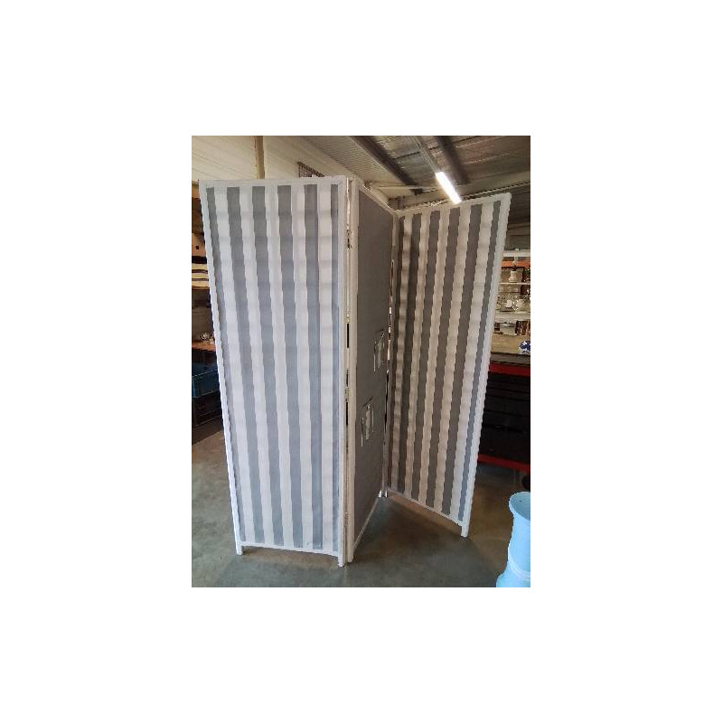 PARAVENT 3 FEUILLES BOIS PEINT ECRU ET TISSU ECRU TAUPE A RAYURES 