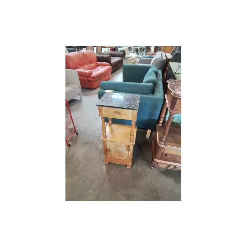 CHEVET A COLONNES BOIS CLAIR 1 PORTE 1 TIROIR DESSUS MARBRE NOIR VEINÉ LOUIS PHILIPPE 