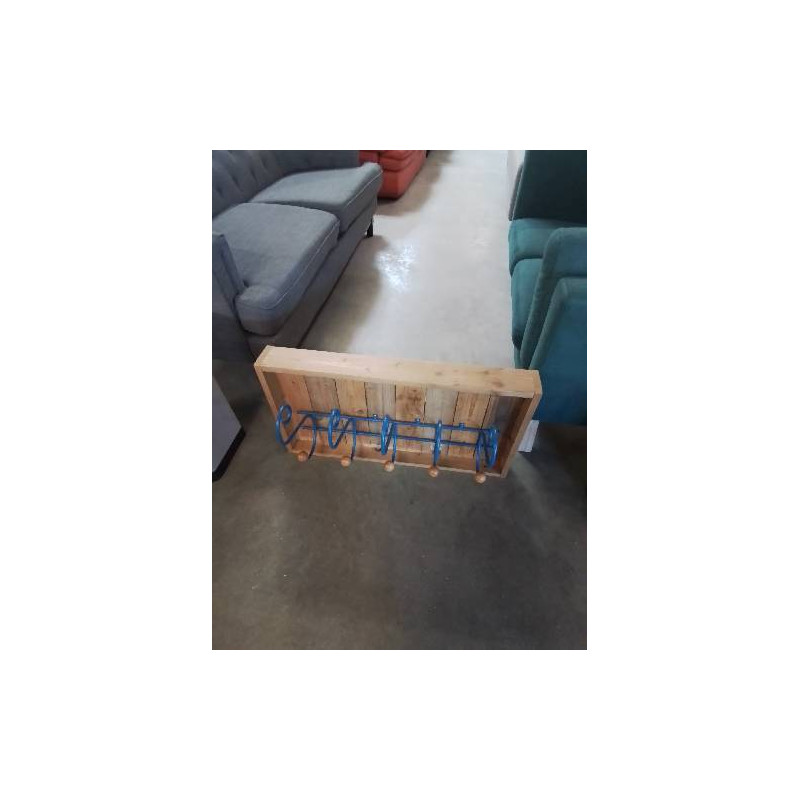PORTE MANTEAU MURAL COFFRAGE BOIS CLAIR 5 PATÈRES MÉTAL BLEU BOULES BOIS 