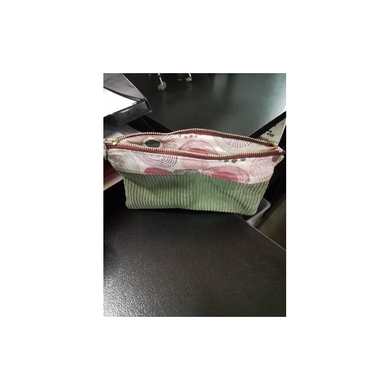 POCHETTE VELOURS KAKI ET TISSUS ROSE