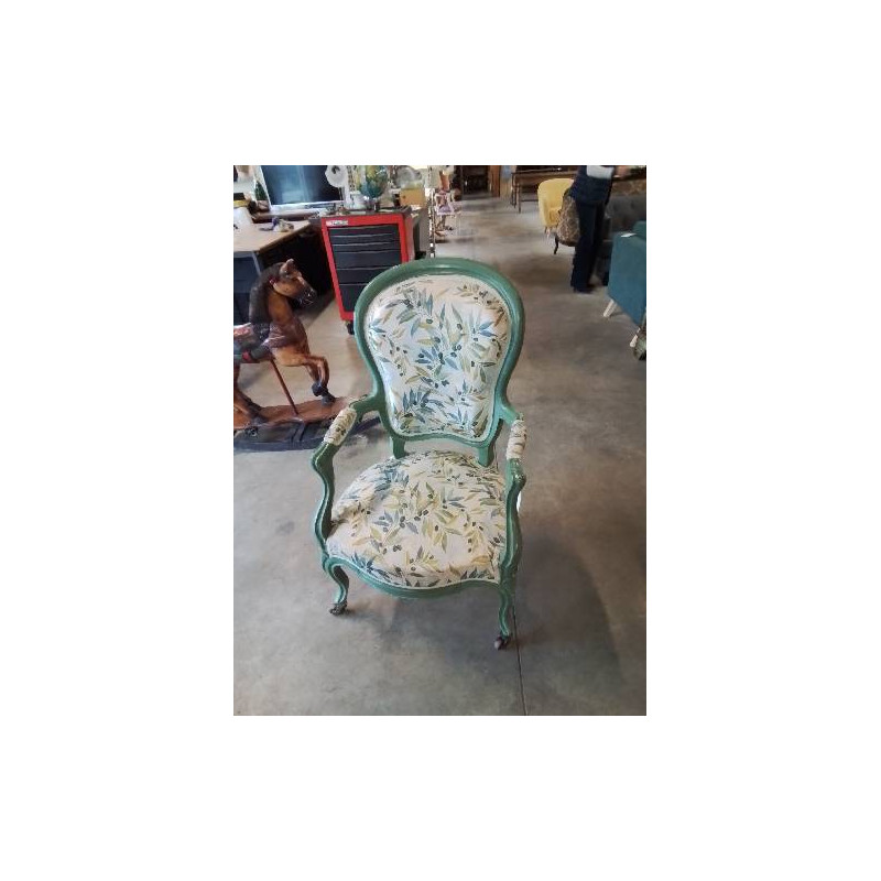 FAUTEUIL NAPOLÉON III BOIS PEINT VERT TISSU FLEURI