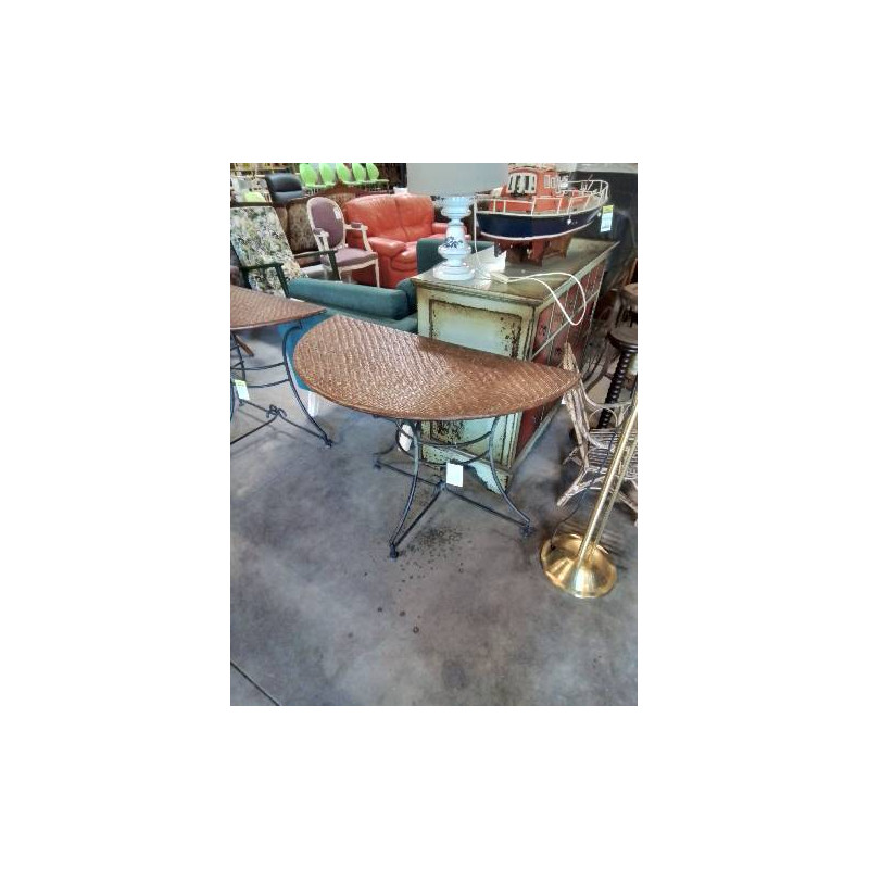 CONSOLE DEMI LUNE PIÈTEMENT FER FORGÉ NOIR PLATEAU BOIS ET VANNERIE 