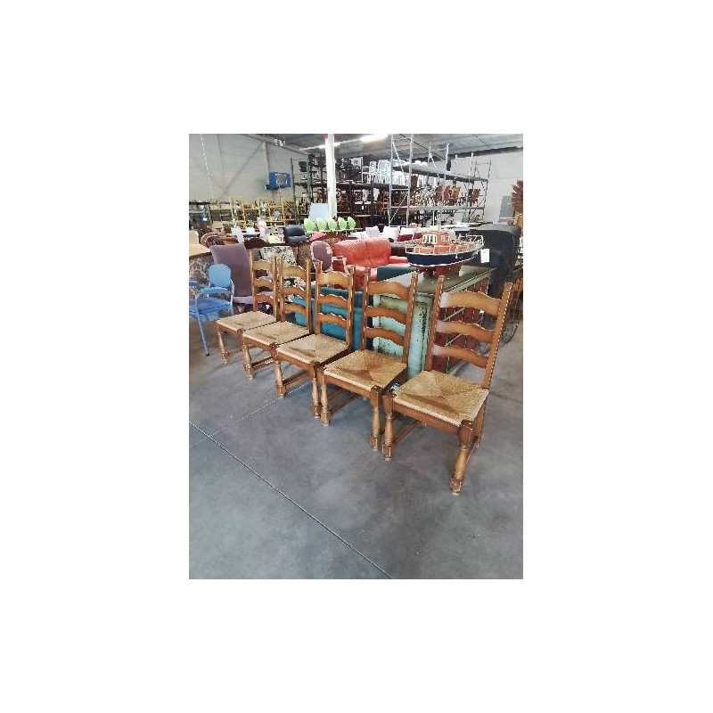 5 CHAISES BOIS CLAIR ASSISE LARGE DOSSIER 3 BARREAUX CHANTOURNÉ PIEDS BALUSTRES